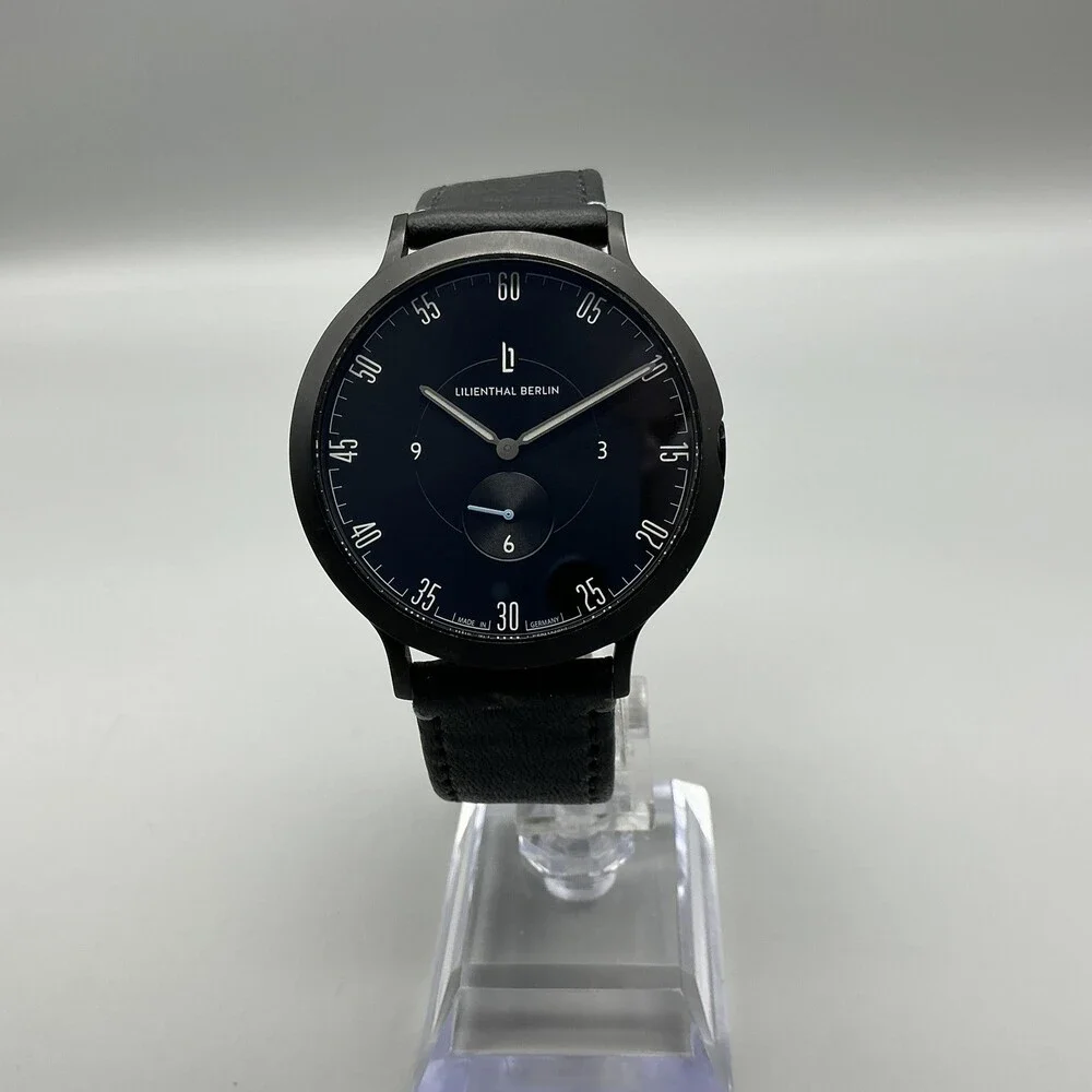 Lilienthal Berlin L1 All Black Mens Watch 42mm Black Dial Leather New Battery